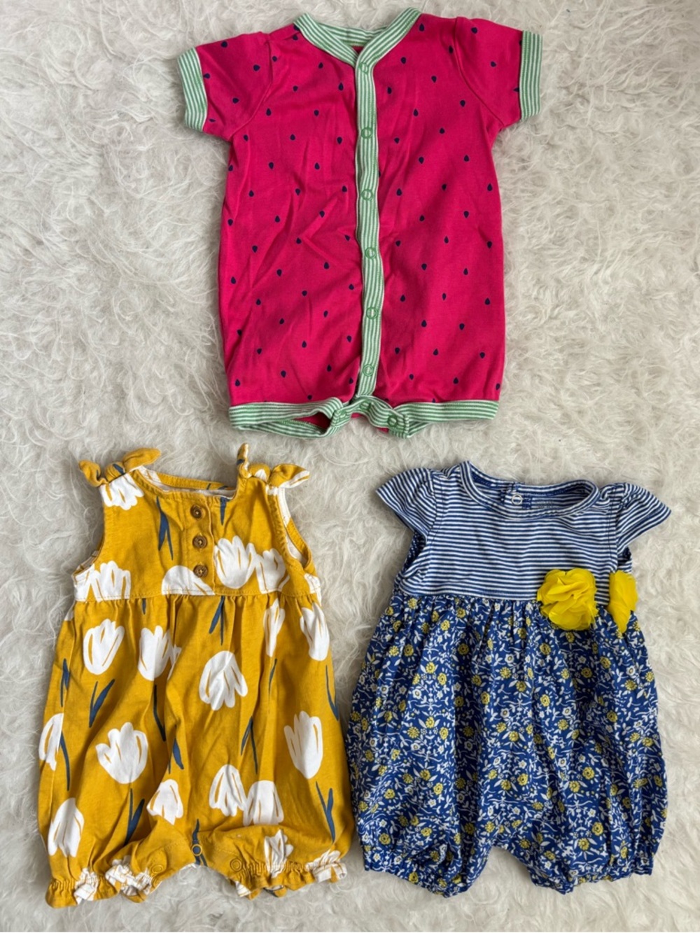 Carter's Baby Girl Set of 3 Summer Rompers, Floral & Fruits